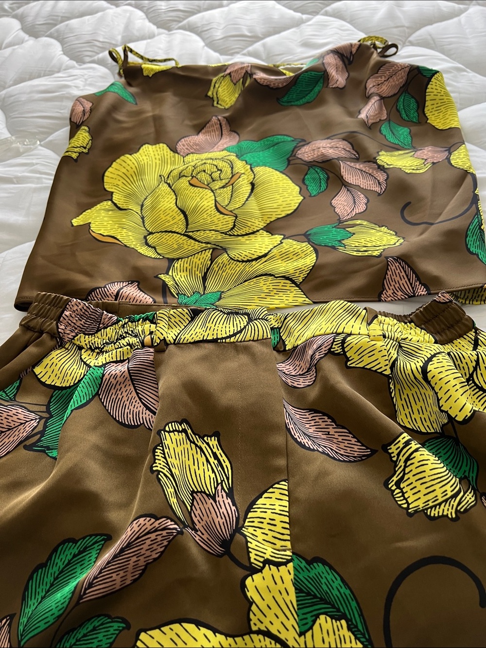Worthington Brown Floral Satin Sorts Set with Yellow & Green Print